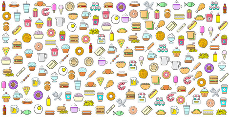 Colorful Set of Fast Food or Street Food Related Background. Vector.