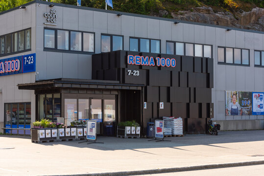 Lindesnes, Norway - August 01 2021: Logo of Rema 1000 outside a shop.