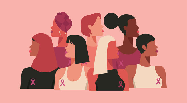 breast cancer awareness month for disease prevention campaign and diverse ethnic women group together with pink support ribbon symbol on chest concept, vector flat illustration