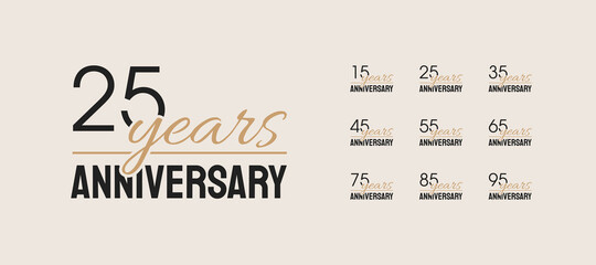 25 years anniversary icon set. Modern simple design with gold elements. 15, 35, 45, 55, 65, 75, 85, 95, Vector illustration - 453904039
