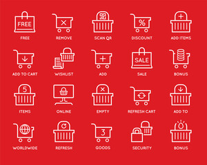 Set of Shopping Cart and Basket Icons. Online Food Store. Vector Line Icons. Perfect Pixel.
