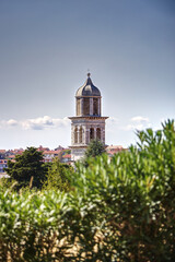 view of a steeple in a town on an adriatic island 