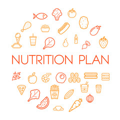Nutrition Plan Icons with Sign in Circle Shape, Infographic. Vector Illustration Set.