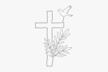 Christian cross with plant and dove. Funeral design element, line art. Editable strokes. Vector illustration, EPS 10 - 453904255