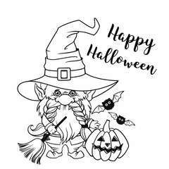 Gnome for halloween linear, pumpkin Potions Spider web and spider, trick or treat, design for thanksgiving day, cartoon spooky dwarf Vector line art for printable greeting cards and coloring pages