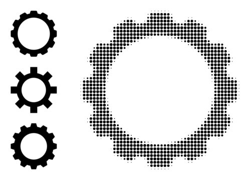 Halftone gearwheel. Dotted gearwheel designed with small round dots. Vector illustration of gearwheel icon on a white background. Halftone pattern contains circle dots.