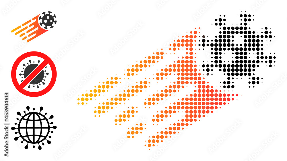 Poster halftone rush virus. dotted rush virus constructed with small round points. vector illustration of r