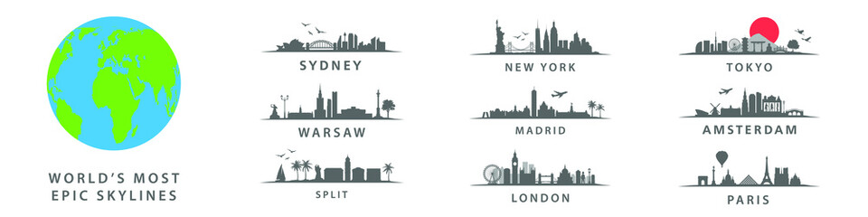 Collection of world's most epic skylines, big cities on Globe, Warsaw, New York, Sydeny, Tokyo, Amsterdam, London, Paris