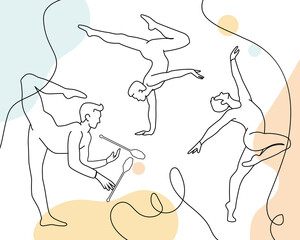 Vector line drawing set of male rhythmic gymnasts on colorful abstract background.