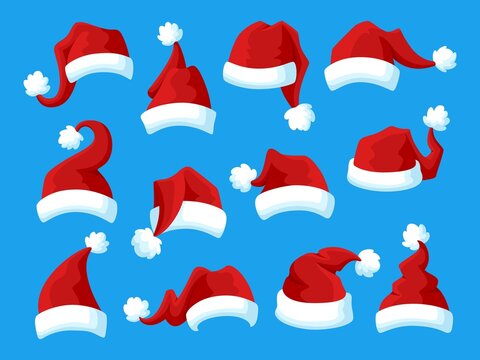 Isolated santa hats. Claus cap, red hat with plush ball. Christmas and new year costume elements. Xmas head accessories for photo garish vector set