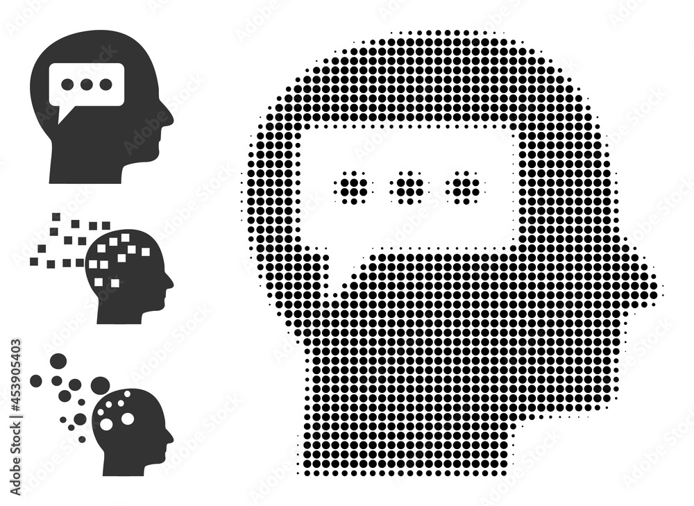 Poster halftone thinking brain. dotted thinking brain designed with small spheric dots. vector illustration