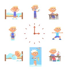 Boy daily schedule. Cartoon child, school routine. Cute kid eating, sleeping, hygiene doing. Isolated happy preschool guy decent vector concept