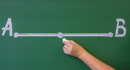 A straight segment with two points A and B drawn in white chalk on a green blackboard close-up and...