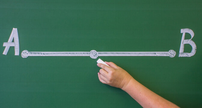 A Straight Segment With Two Points A And B Drawn In White Chalk On A Green Blackboard Close-up And Space For Copying