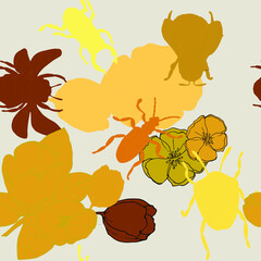 vector illustration seamless pattern beetles,bees and apple flowers on a light gray background,shades of gold from dark to light,for wallpaper,furniture or fabric