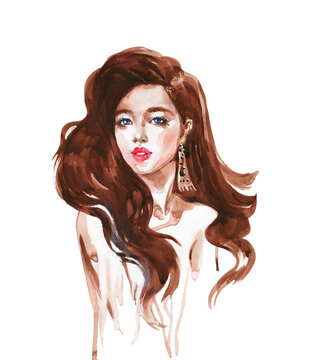 Watercolor young beatiful Asian woman with curly hairstyle. Hand drawn female fashion portrait. Painting illustration on white background.