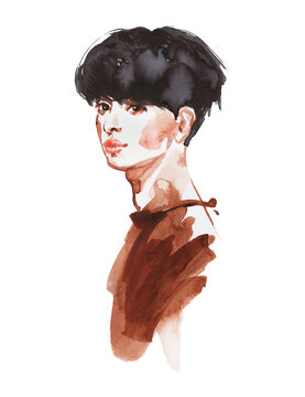 Hand drawn young handsome Asian man. Watercolor fashion portrait on white background. Painting abstract illustration.