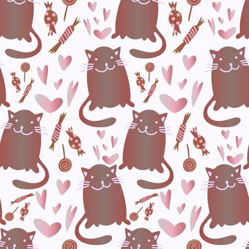 Vector seamless pattern cartoon decorative design cute cats in pastel tones with hearts