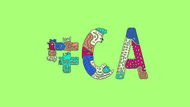 #CA. Animated Cartoon Hashtag, Shake twitch effect. Isolate on green screen chroma key background, 4K video. Colored funny doodle unique style.CA is abbreviation for US American state California.