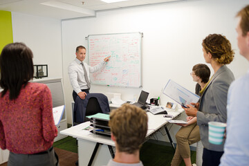 Businessman drawing on whiteboard in meeting