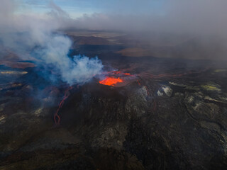  Impressive aerial view of the exploding red lava from the Active Volcano in Iceland