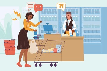Vector cartoon flat seller and angry customer characters quarreling in grocery store.Anger management,purchase return,work with client objections,service quality concept,web site banner ad design - obrazy, fototapety, plakaty