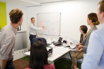 Obraz premium Businessman drawing on whiteboard in meeting