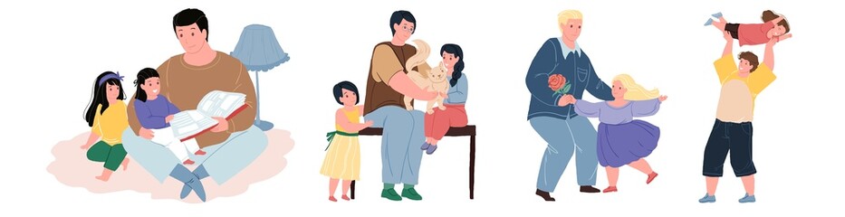 Fototapeta premium Set of vector flat cartoon dad and children characters happily spend time together-reading,dancing,petting cat,having fun-happy childhood,healthy family relationships concept,web site banner design