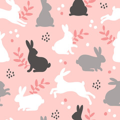 Seamless Pattern with bunny rabbits, dots and floral element on pink background. Vector illustration. Happy Easter egg hunt texture