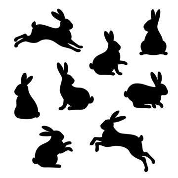 Rabbit silhouette black icons set isolated on white background. Vector illustration. Hare symbol for Happy Easter or Mid Autumn festival. Collection of bunny in various poses