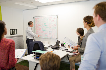 Businessman drawing on whiteboard in meeting