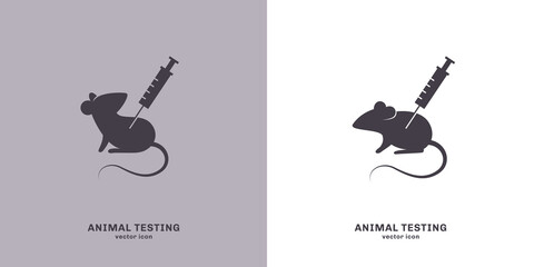 Animal testing icon, vector illustration. Laboratory mouse with syringe, experimental injection of vaccine or drug. Rat silhouette isolated on white background.