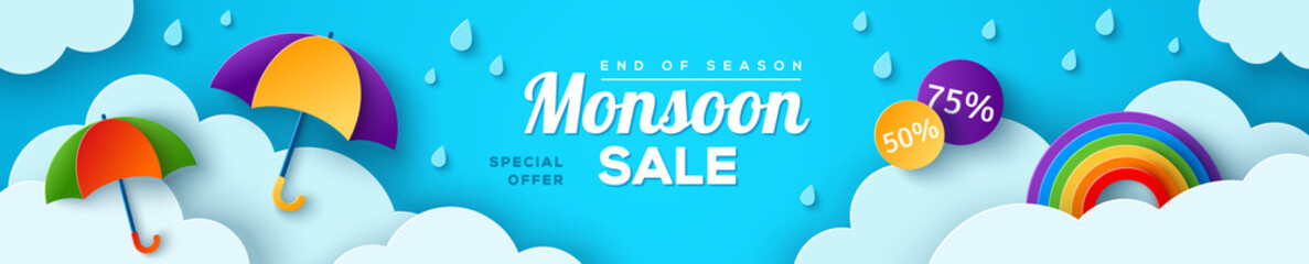 Monsoon sale offer banner template header with paper cut clouds, rainbow and colorful umbrella on blue background. Vector illustration. Place for text. Overcast sky with rain - obrazy, fototapety, plakaty