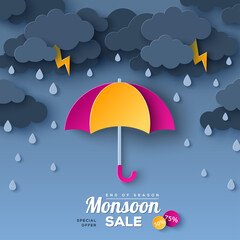 Opened pink and yellow umbrella in paper cut style. Vector illustration. Overcast sky, thunder and lightning. Rainy day monsoon sale offer banner template concept with dark clouds. Place for text.