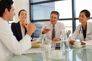 Doctors and businesswoman talking in meeting