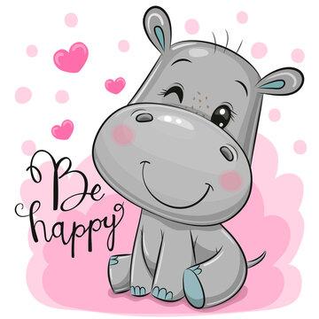 Cute Cartoon Hippo on a pink background