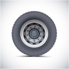High quality vector illustration of typical truck front wheel isolated on white background. Realistic shining disk.