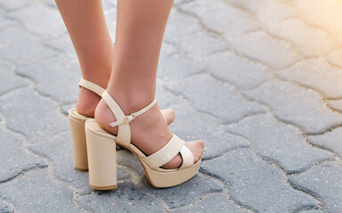 Female legs in creamy platform sandals. Legs in nylon pantyhose and beige high heels.
