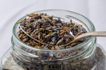 dried lavender in a jar close up