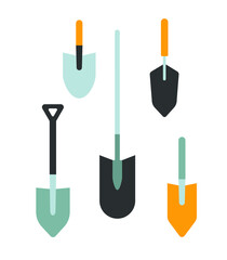 Flat style shovel set. Vector gardening tools set. Elements isolated on white background. Vector clip art for stickers, decoration, greeting cards.