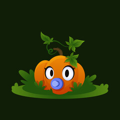 Baby pumpkin on grass. Small vegetable. Autumn cartoon vegetable illustration