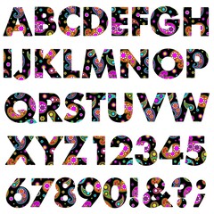 mod neon paisley and flowers vector pattern alphabet.
