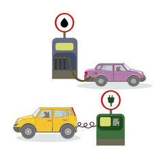 Electro-car and fuel car on white isolated background, car charging and gasoline refueling station in Cartoon style, concept of Sustainable lifestyle and Environmental Protection, Transport, Traffic.