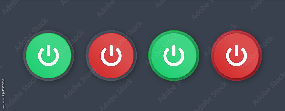 Poster  power button icon . Turn on, turn off - green switch on icon and red switch off icon - power buttons icons - ui ux user interface for apps and website 