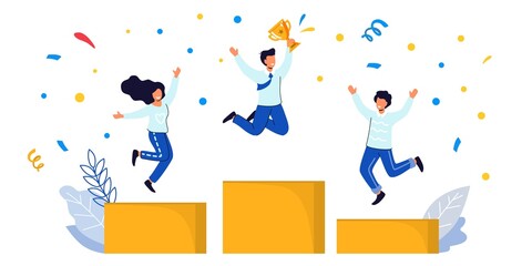 People stand on the podium Goal achievement Successful businessmen Progress and career ladder Male and female characters Vector illustration Best winner prize. People are happy about the deal
