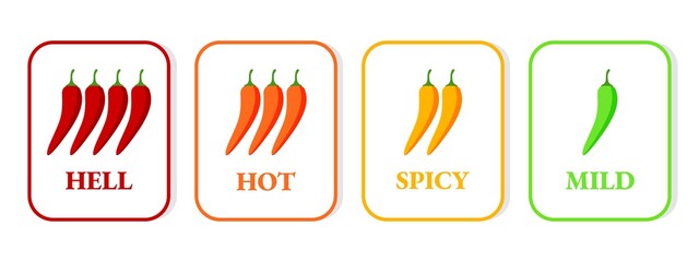 Spicy hot chili pepper icons set with flame and rating of spicy Mild, medium hot and extra hot level of pepper sauce or snack food Chili pepper or chile habanero and jalapeno level Hot pepper sign