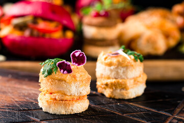 Toasted bread with liver pate. Gourmet appetizers Variety of mini sandwiches