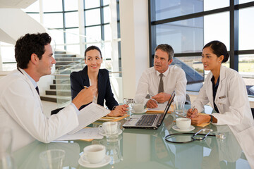 Doctors and businesswoman talking in meeting