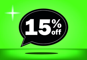 15% off - black and green floating balloon - with green background - banner for discount and reduction promotional offers