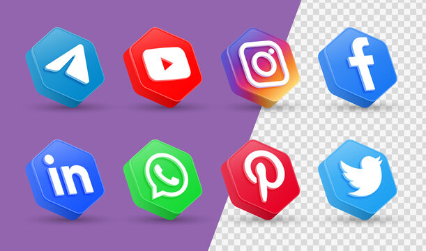 Social media 3d icons. social network 3d logo or networking - popular social media icons in 3d modern frame facebook, instagram, youtube, telegram, twitter, pinterest, whatsapp, linkedin logo icon